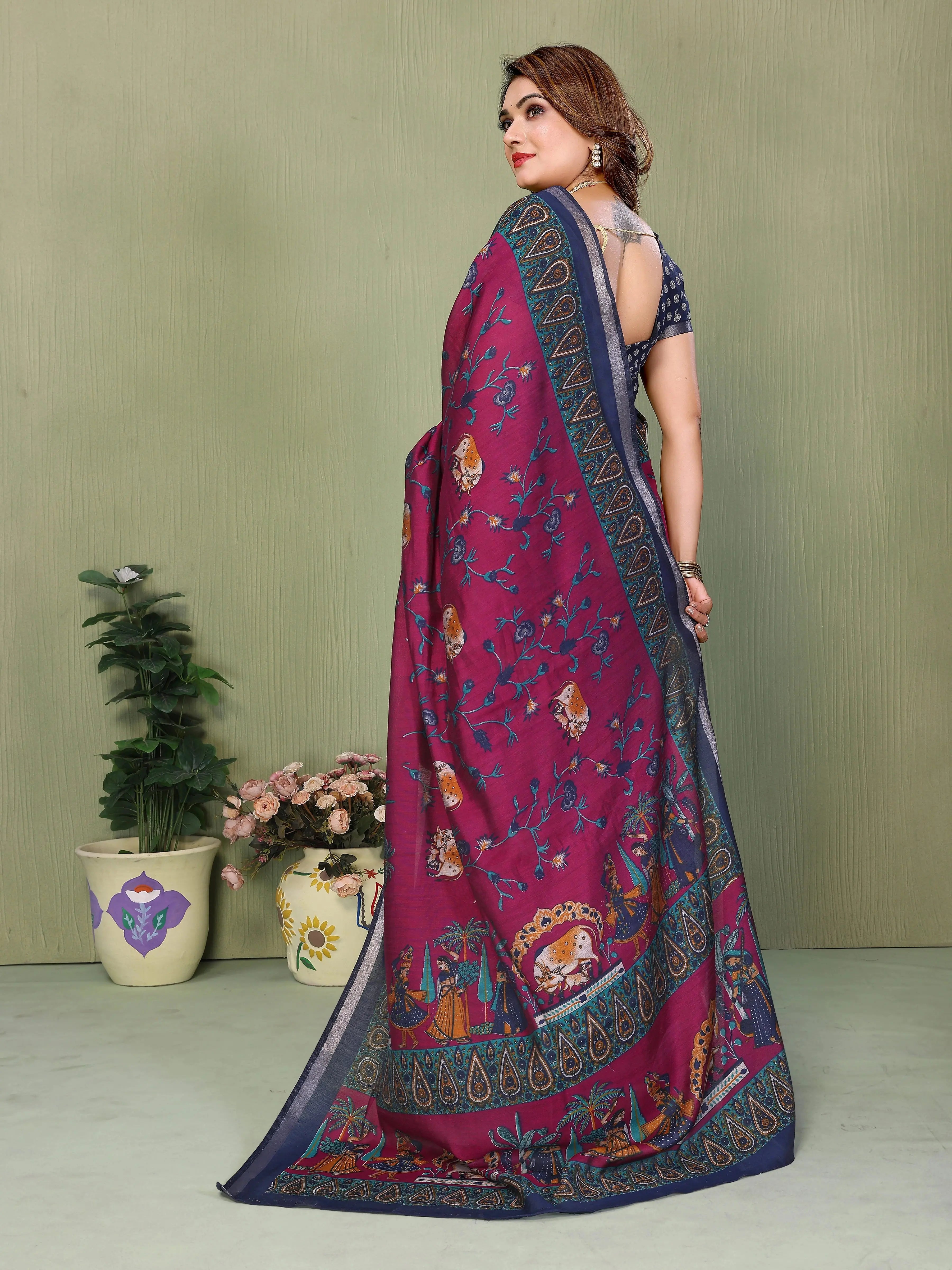Magenta Mul Cotton Kalamkari Print Saree – Kalyanja